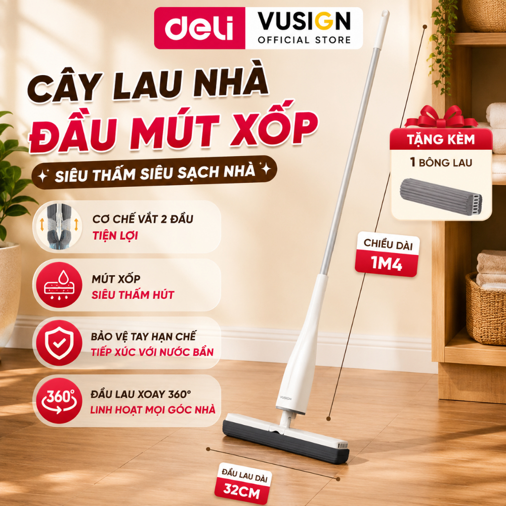 Cây lau nhà mút xốp tự vắt thông minh DelixVusign cao cấp siêu thấm hút tiện lợi dễ dàng vệ sinh mọi ngóc ngách