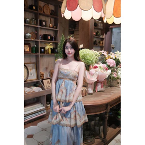 Đầm 2 dây ZMM xanh xoè tầng đan dây lưng