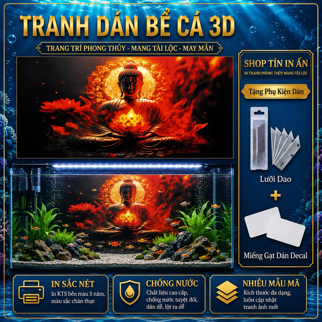Tranh Dán Bể Cá 3D Phật Hoa Sen Đỏ Phong Thủy, Decal Phông Nền Hồ Cá Chống Nước, IN KTS CAO CẤP