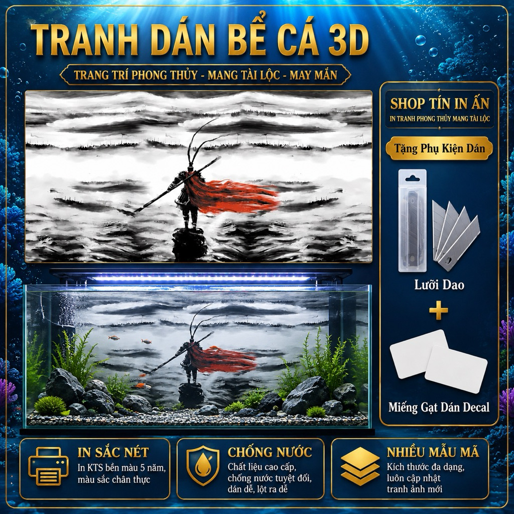 Tranh Dán Bể Cá 3D Tôn Ngộ Không Tề Thiên Đại Thánh,Decal Phông Nền Hồ Cá Phong Thủy Chống Nước HC2