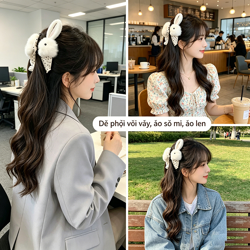 Kẹp tóc bóp thỏ bông chấm bi, kẹp giữ tóc chắc chắn, phong cách ngọt ngào mùa đông