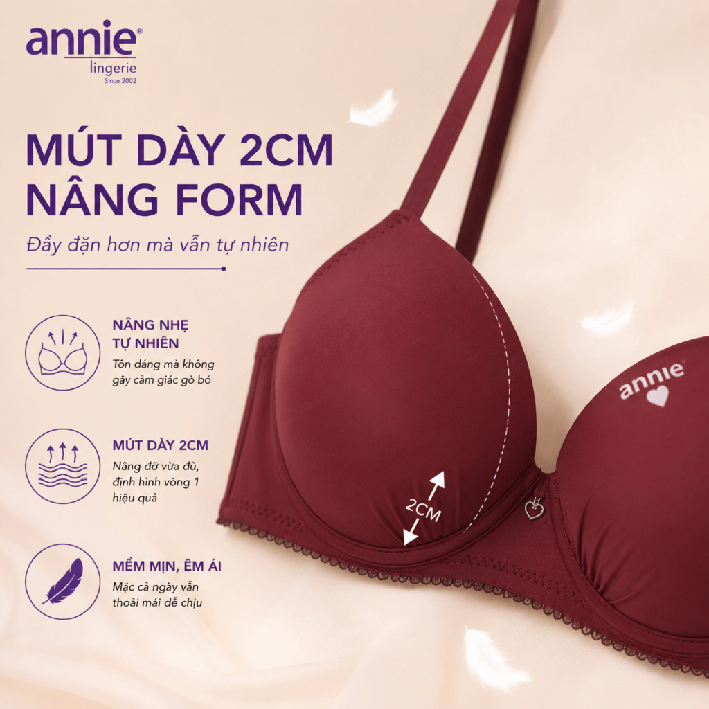 Áo Lót Nữ Annie BRA8553 Có Gọng Nâng Ngực Mút Dày 2cm, Áo Ngực Cúp Trơn Đệm Dày Ôm Form Dây Vai Mảnh