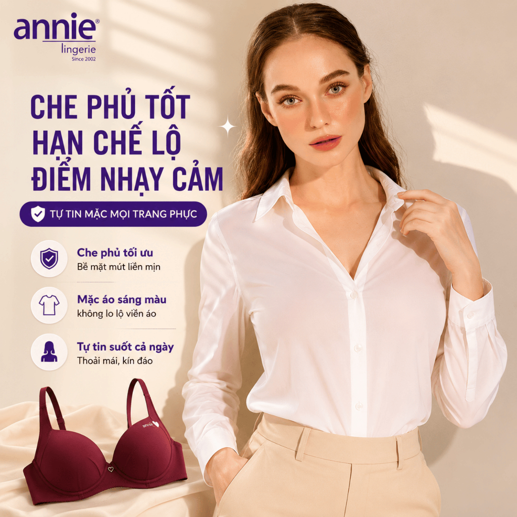 Áo Lót Nữ Annie BRA8553 Có Gọng Nâng Ngực Mút Dày 2cm, Áo Ngực Cúp Trơn Đệm Dày Ôm Form Dây Vai Mảnh