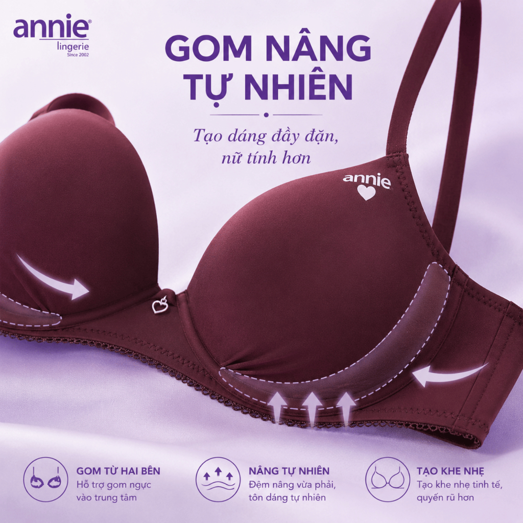 Áo Lót Nữ Annie BRA8553 Có Gọng Nâng Ngực Mút Dày 2cm, Áo Ngực Cúp Trơn Đệm Dày Ôm Form Dây Vai Mảnh