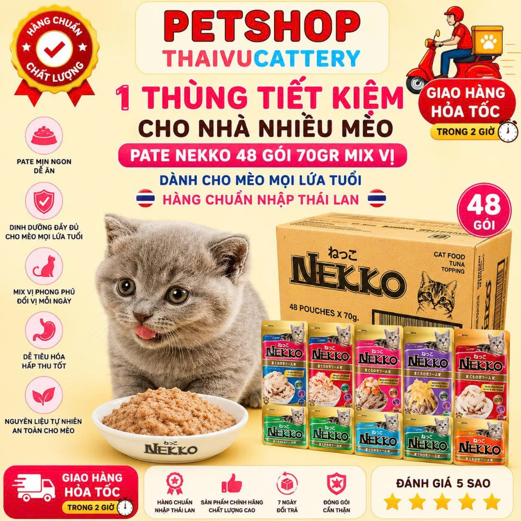 Thùng pate Nekko 48 gói mix vị các vị dành cho mèo mọi lứa tuổi hàng chuẩn Thaivucattery
