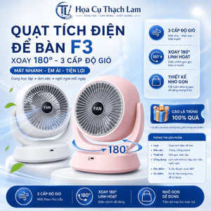 Quạt Tích Điện Để Bàn Mini 360° 3 Cấp Độ Gió, Pin Lithium Dung Lượng Lớn, Sạc Nhanh Type-C
