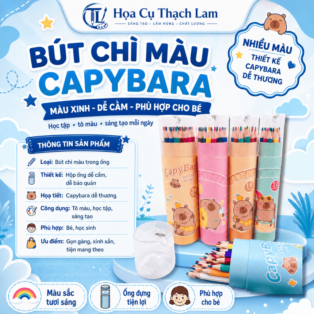 Hỏa tốc Bút chì màu dạng lon 12-48 màu CAPYBARA dạng ống tiện lợi thiết kế hộp ống gọn gàng đáng yêu