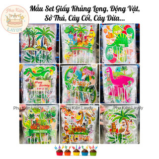 Bịch 10 set giấy hình cắm bé khủng long, động vật khủng long, sở thú, cây dừa trang trí bánh kem, bánh sinh nhậtjt kí