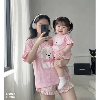 Bộ hồng in gấu đôi mẹ con xinh xắn