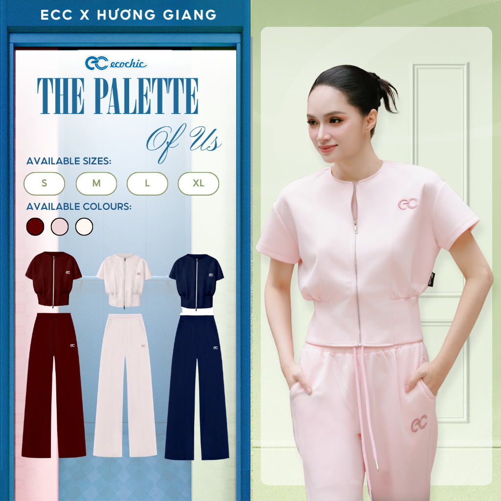 (ECC x Hương Giang) Set Bộ Áo Crop ECOCHIC B228 Áo Tay Ngắn Logo Thêu Quần Suông Cao Cấp Mềm Mịn