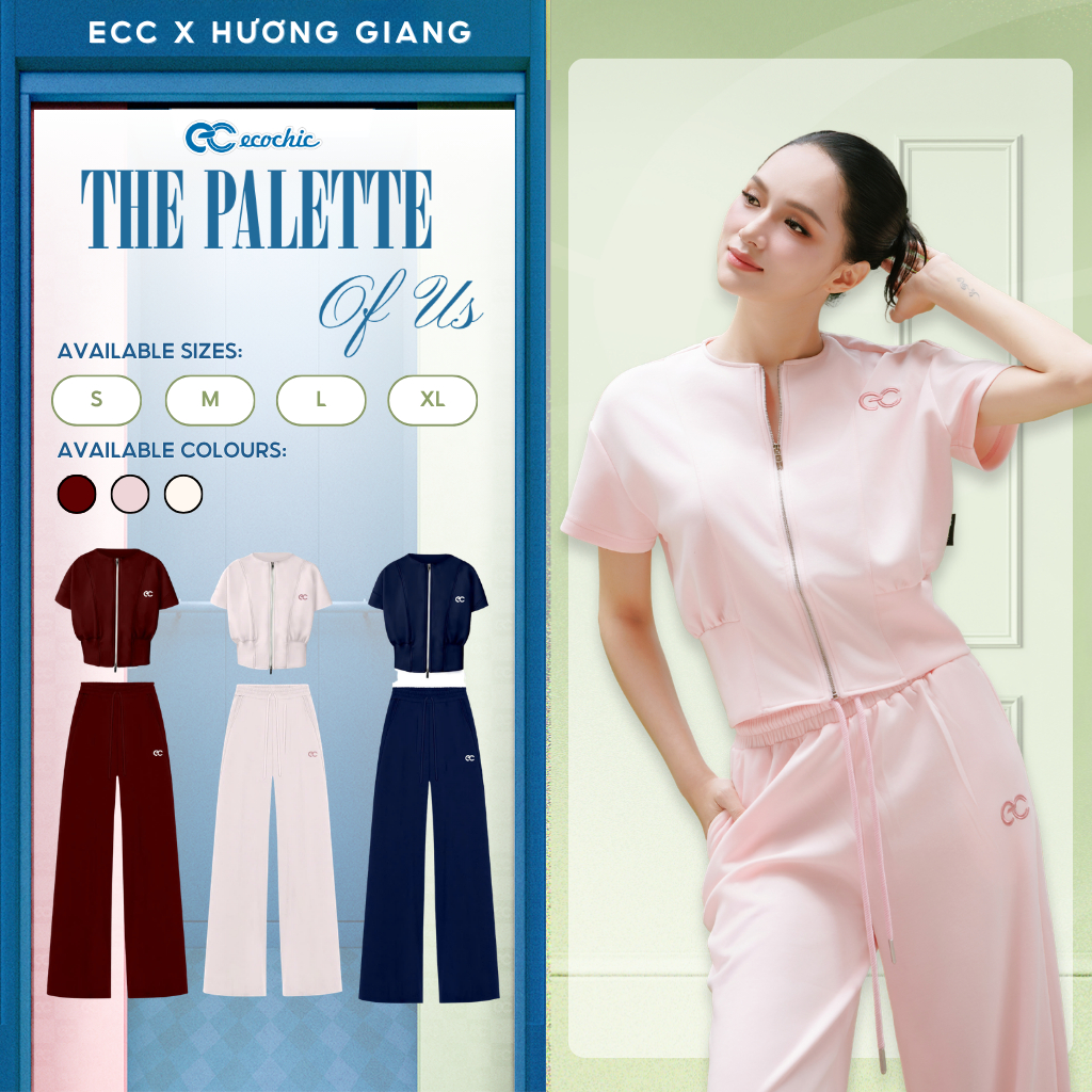 (ECC x Hương Giang) Set Bộ Áo Crop ECOCHIC B228 Áo Tay Ngắn Logo Thêu Quần Suông Cao Cấp Mềm Mịn