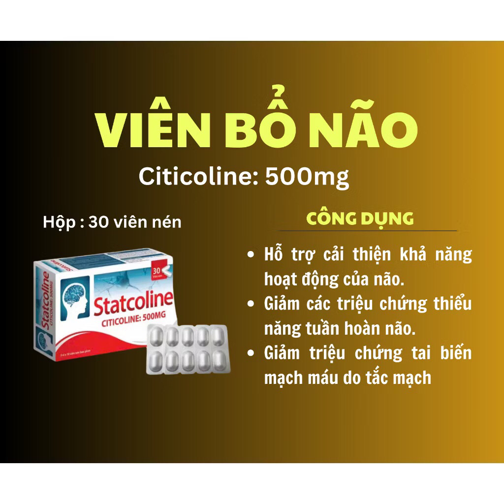 Bổ Não Statcoline Citicoline 500mg Giúp Hoạt Huyết Dưỡng Não, Phục Hồi Sau Tai Biến Do Tắc Mạch - Mỹ Phẩm Cao Cường
