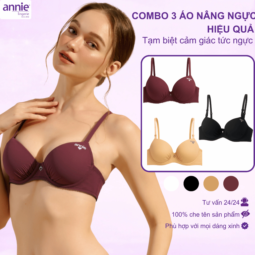 Combo 3 Áo Lót Nữ Annie BRA8553 Nâng Ngực Mút Dày 2cm, Áo Ngực Cúp Trơn Đệm Dày Ôm Form Dây Vai Mảnh