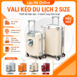 Vali Kéo Du Lịch 2 Size Nhựa Cứng Có Khay Để Cốc, 4 Bánh Xoay 360 Độ, Cần Kéo Chắc Chắn