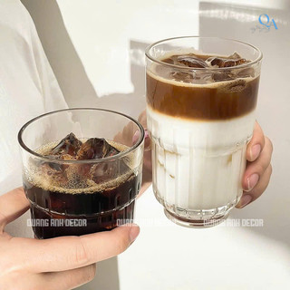 SET 6 Ly Thủy Tinh Chịu Nhiệt 2 TẦNG ĐÁY KHÍA | Cốc Thủy Tinh Kẻ Sọc cho Americano, Đồ Uống Lạnh