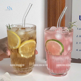 SET 6 Ly Thủy Tinh Chịu Nhiệt 2 TẦNG ĐÁY KHÍA | Cốc Thủy Tinh Kẻ Sọc cho Americano, Đồ Uống Lạnh