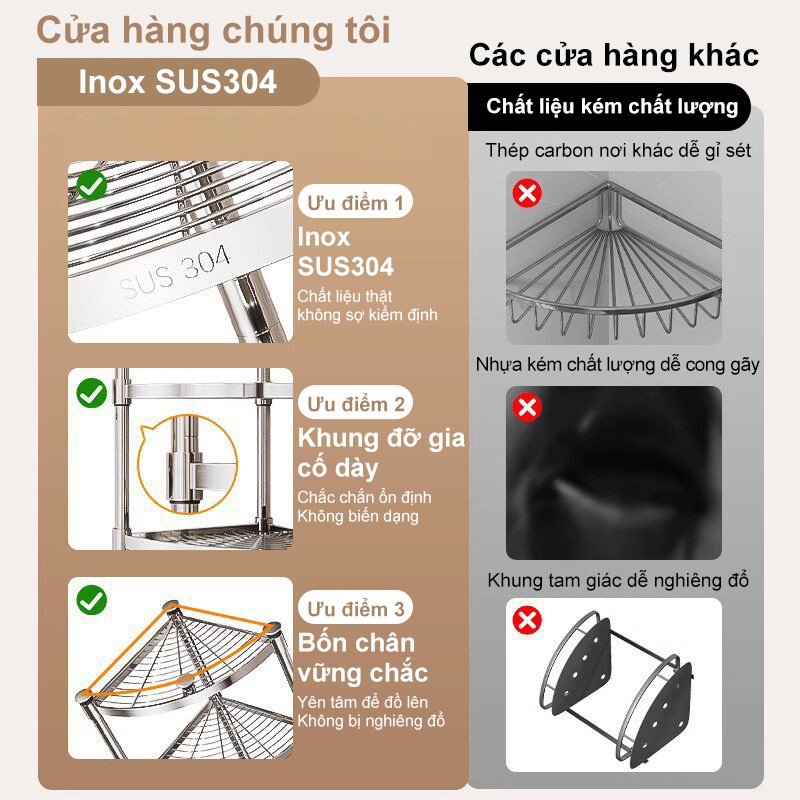 Kệ Inox Góc Nhiều Tầng Đa Năng Lưu Trữ Vật Dụng Phòng Tắm Nhà Bếp Phòng Khách Nhỏ Gọn Tiện Dụng
