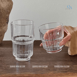SET 6 Ly Thủy Tinh Chịu Nhiệt 2 TẦNG ĐÁY KHÍA | Cốc Thủy Tinh Kẻ Sọc cho Americano, Đồ Uống Lạnh