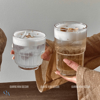 SET 6 Ly Thủy Tinh Chịu Nhiệt 2 TẦNG ĐÁY KHÍA | Cốc Thủy Tinh Kẻ Sọc cho Americano, Đồ Uống Lạnh