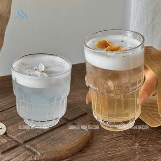 SET 6 Ly Thủy Tinh Chịu Nhiệt 2 TẦNG ĐÁY KHÍA | Cốc Thủy Tinh Kẻ Sọc cho Americano, Đồ Uống Lạnh