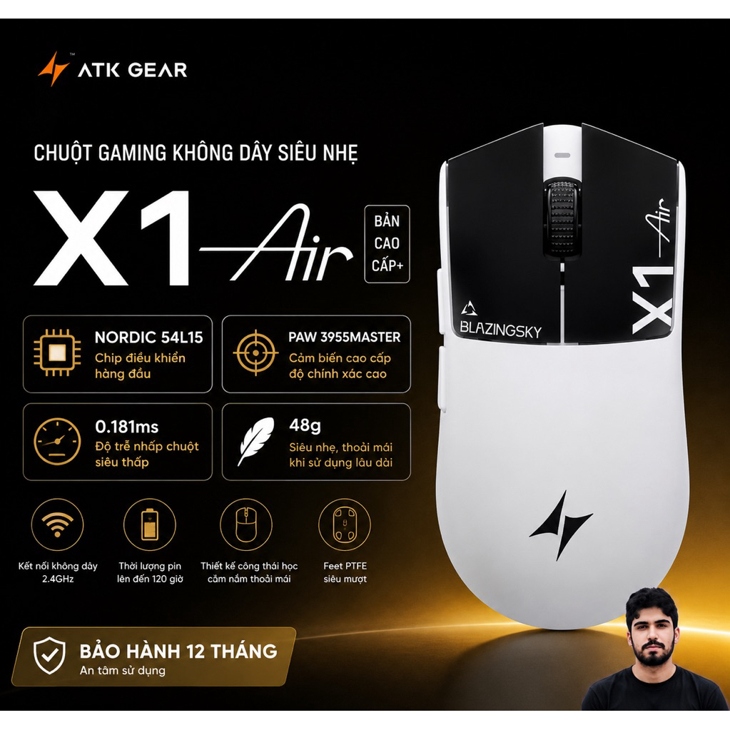 🔥 Chuột Gaming Không Dây Siêu Nhẹ ATK X1 Air – PAW3955Master