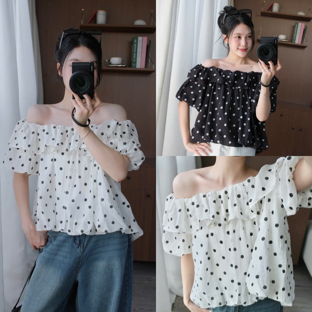 Jane Top (TSW) Áo trễ vai chấm bi bèo ngực dáng phồng Nữ the.sweaterweather