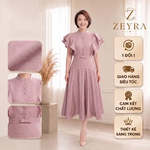 ZEYRA Fashion - Đầm Lụa Thiết Kế Cổ Bẻ Tay Phồng Nhún Bèo Sang Trọng, Đầm Công Sở Nữ Dáng Dài Thanh Lịch