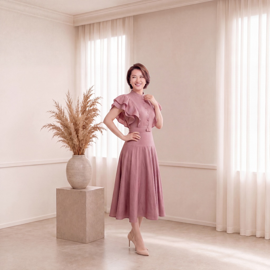 ZEYRA Fashion - Đầm Lụa Thiết Kế Cổ Bẻ Tay Phồng Nhún Bèo Sang Trọng, Đầm Công Sở Nữ Dáng Dài Thanh Lịch