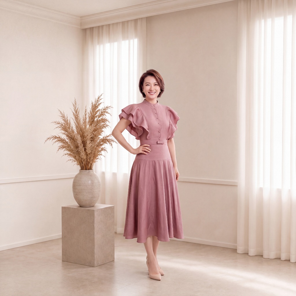 ZEYRA Fashion - Đầm Lụa Thiết Kế Cổ Bẻ Tay Phồng Nhún Bèo Sang Trọng, Đầm Công Sở Nữ Dáng Dài Thanh Lịch