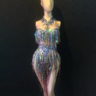 Đầm Liền Thân Full Đá Ngũ Sắc Đính Tua Rua Lấp Lánh Phong Cách Gợi Cảm Biểu Diễn Sân Khấu Dance Latin Party Bar Nổi Bật
