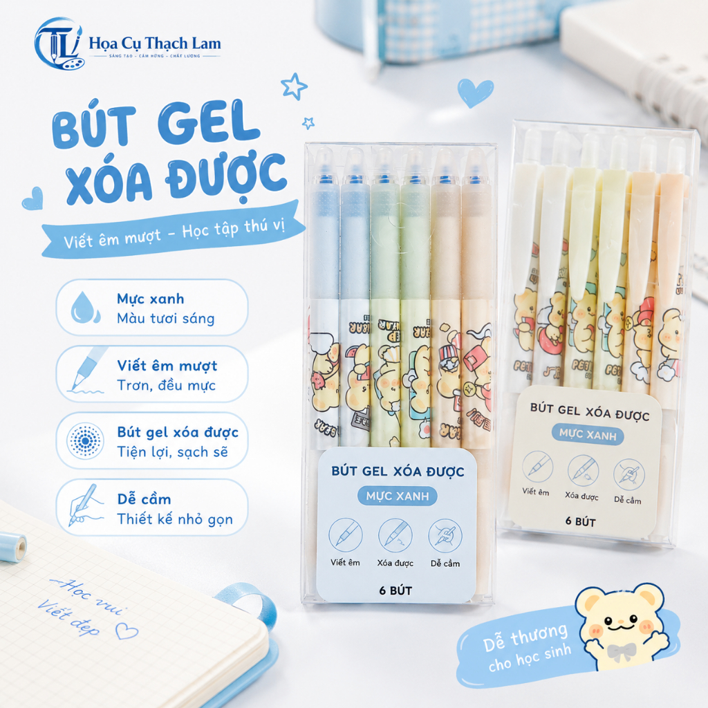 Bút Gel Xóa Được Mực Xanh 0.5mm Dễ Thương Cho Học Sinh Viết Êm Nét Đẹp