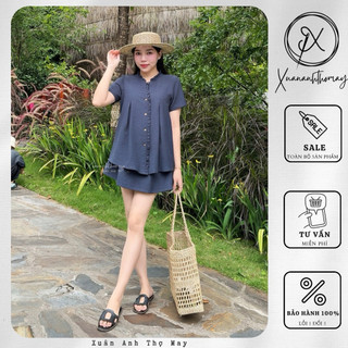 [ S9 ] Set áo viền bèo xanh navy + chân váy ngắn - Xuananhthomay