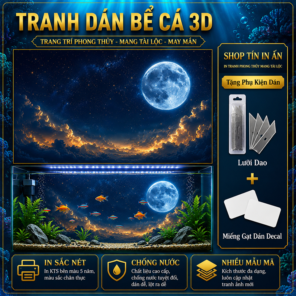 Decal tranh dán hồ cá 3D Kho In Ấn HC47 chống nước, In KTS dán dễ, gỡ dễ, có keo sẵn, nhiều kích cỡ