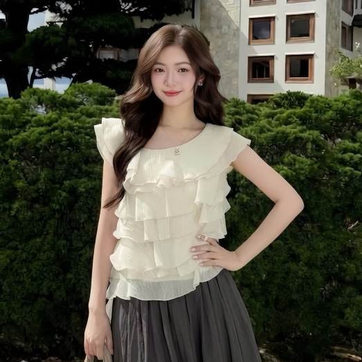 Áo Babydoll Kiểu Nữ Dáng Trễ Hở Vai Bèo Nhún Xếp Tầng Điệu Đà Mùa Hè Kimee - KA877