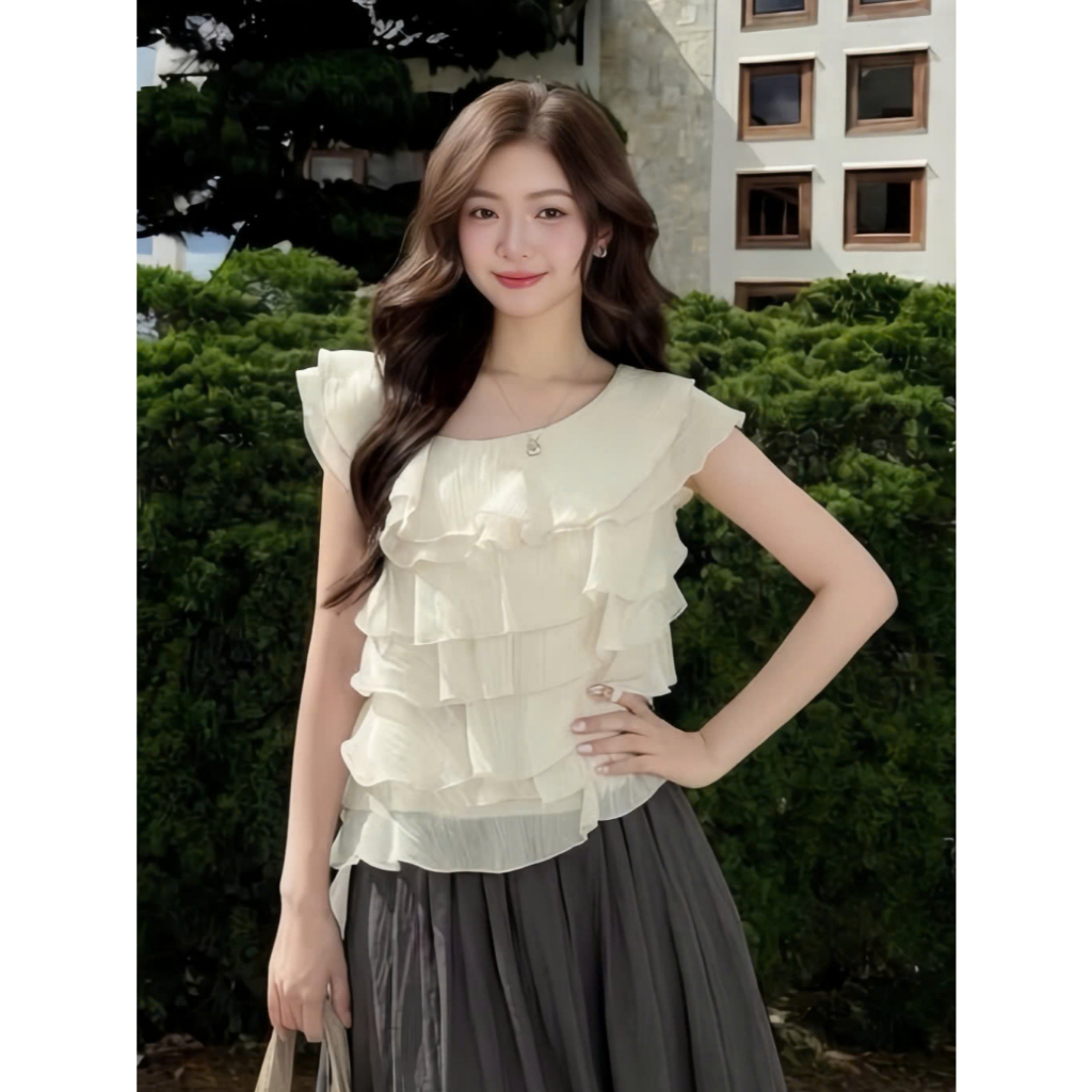Áo Babydoll Kiểu Nữ Dáng Trễ Hở Vai Bèo Nhún Xếp Tầng Điệu Đà Mùa Hè Kimee - KA877