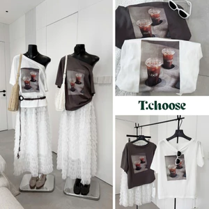 Áo trễ vai hình cafe, áo thun ngắn tay cổ rộng 0157 TCHOOSE
