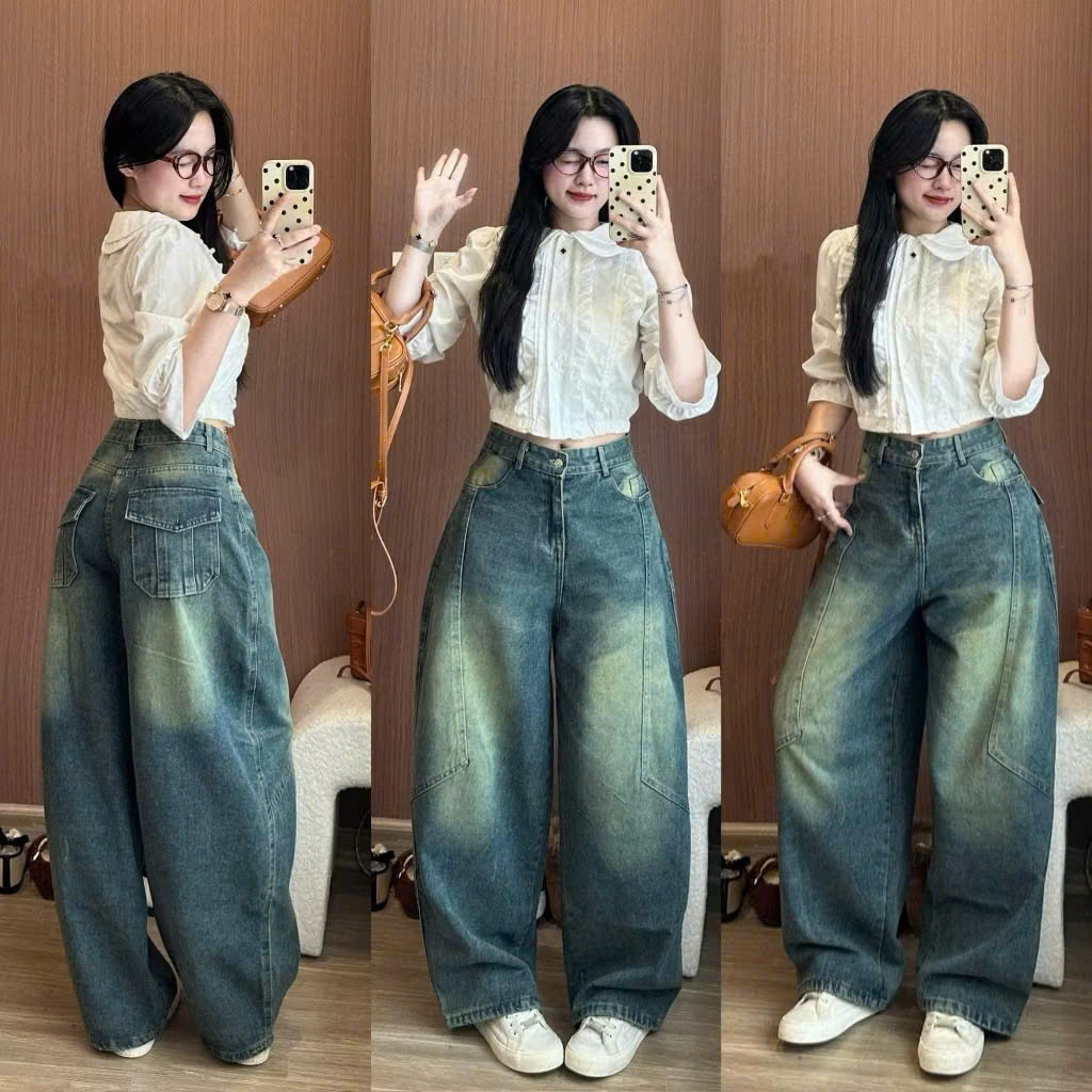 Quần Jeans Nữ Ống Rộng Line Nổi Màu Wash Cá Tính Cạp Cao Đủ Màu Tôn Dáng Joolate