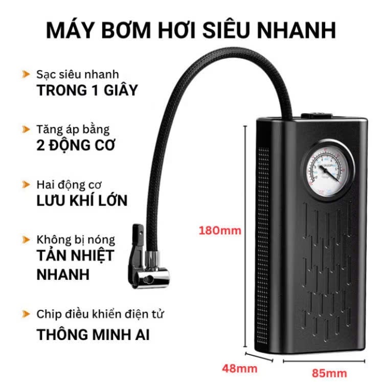 Bơm lốp mini loại 1 di động dùng pin sạc cao cấp dùng cho Ô tô, Xe đạp, Xe máy, Xe điện, Bóng đá