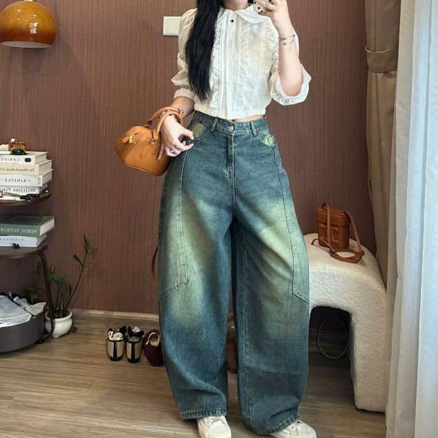 Quần Jeans Nữ Ống Rộng Line Nổi Màu Wash Cá Tính Cạp Cao Đủ Màu Tôn Dáng Joolate