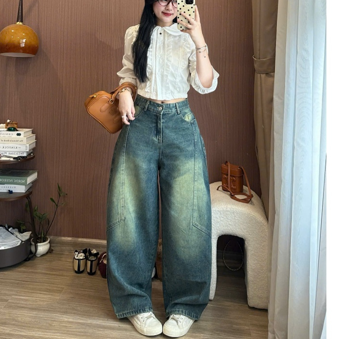 Quần Jeans Nữ Ống Rộng Line Nổi Màu Wash Cá Tính Cạp Cao Đủ Màu Tôn Dáng Joolate