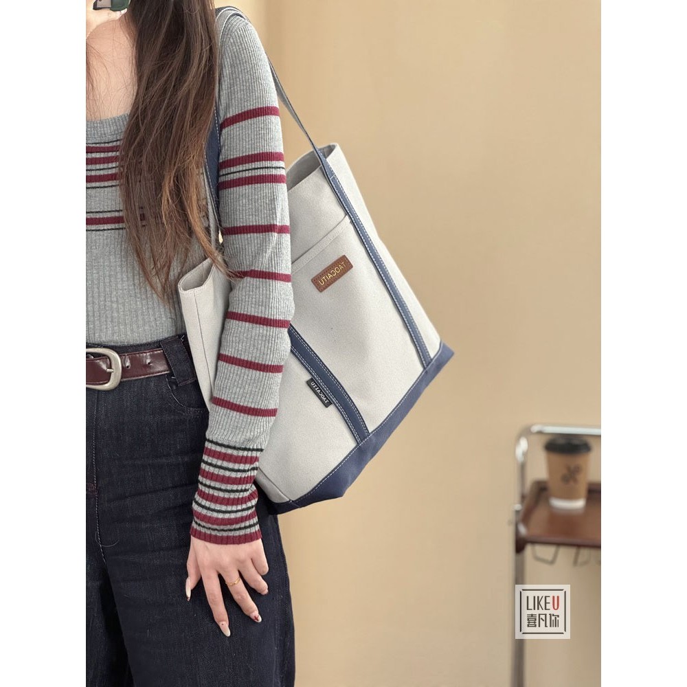 Túi Canvas phong cách Nhật Bản và Hàn Quốc polyester nối vải Tote thời trang đơn giản, giản dị túi đeo vai học sinh