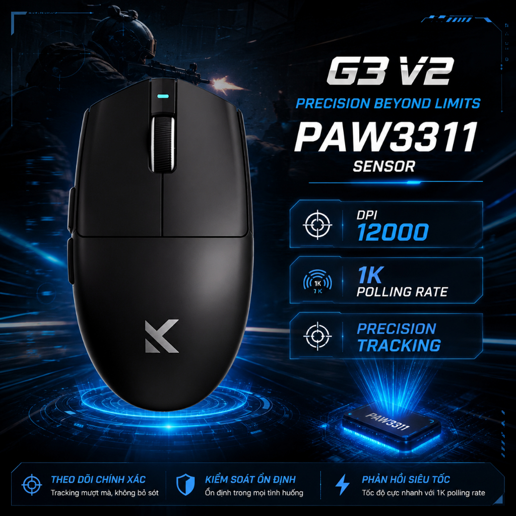 MCHOSE G3 V2 Chuột Không Dây Gaming Bluetooth 3 Chế Độ PAW3311 12000DPI 59G Pin 800mAh Cho Laptop PC Game | BigBuy360 - bigbuy360.vn