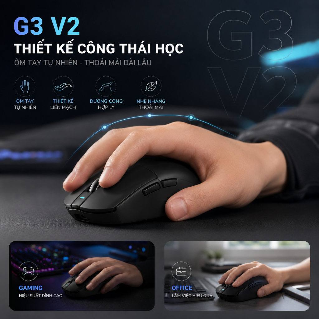 MCHOSE G3 V2 Chuột Không Dây Gaming Bluetooth 3 Chế Độ PAW3311 12000DPI 59G Pin 800mAh Cho Laptop PC Game | BigBuy360 - bigbuy360.vn