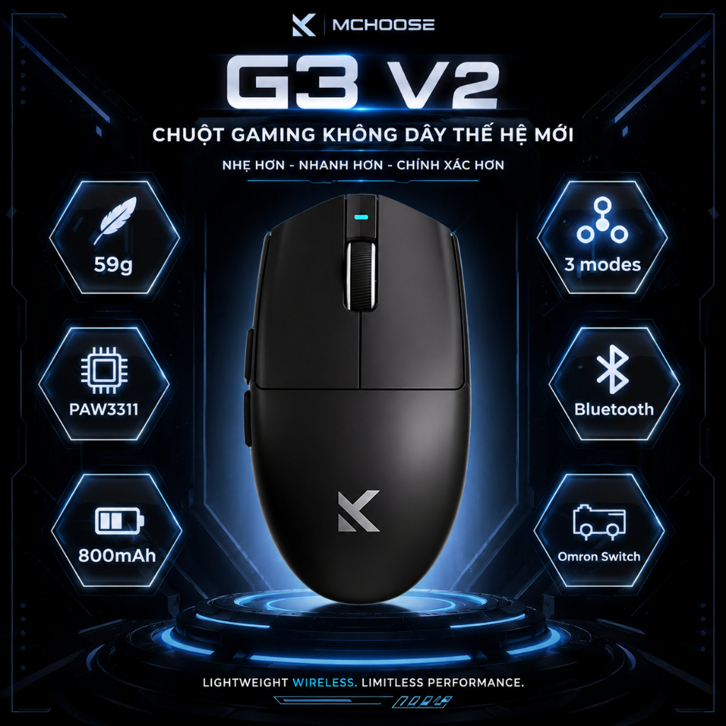 MCHOSE G3 V2 Chuột Không Dây Gaming Bluetooth 3 Chế Độ PAW3311 12000DPI 59G Pin 800mAh Cho Laptop PC Game | BigBuy360 - bigbuy360.vn