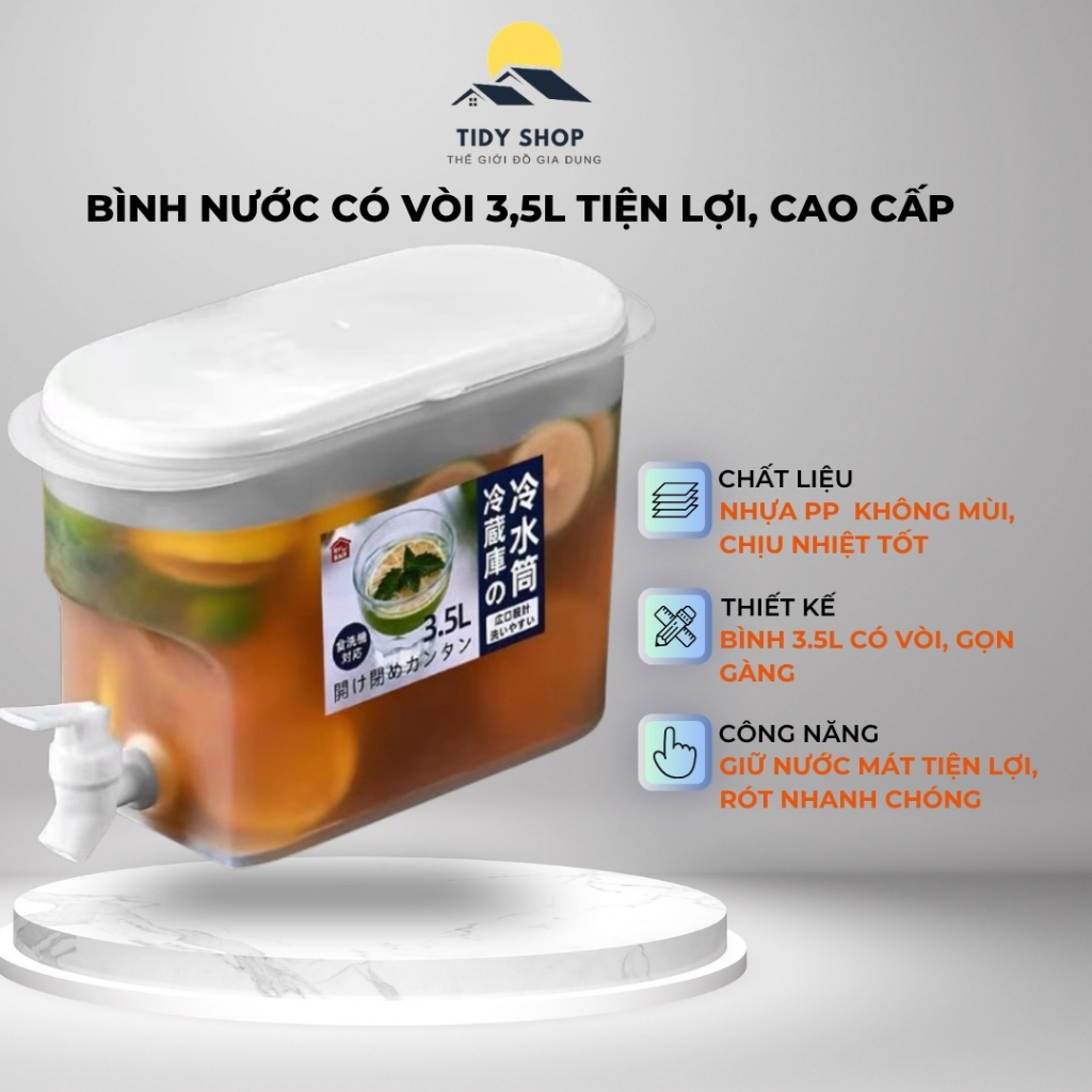Bình Nước Có Vòi 3.5L Tiện Lợi, TIDY SHOP,  Bình Đựng Nước Tủ Lạnh Nhựa PP, Bình Trà Có Vòi Gọn Gàng