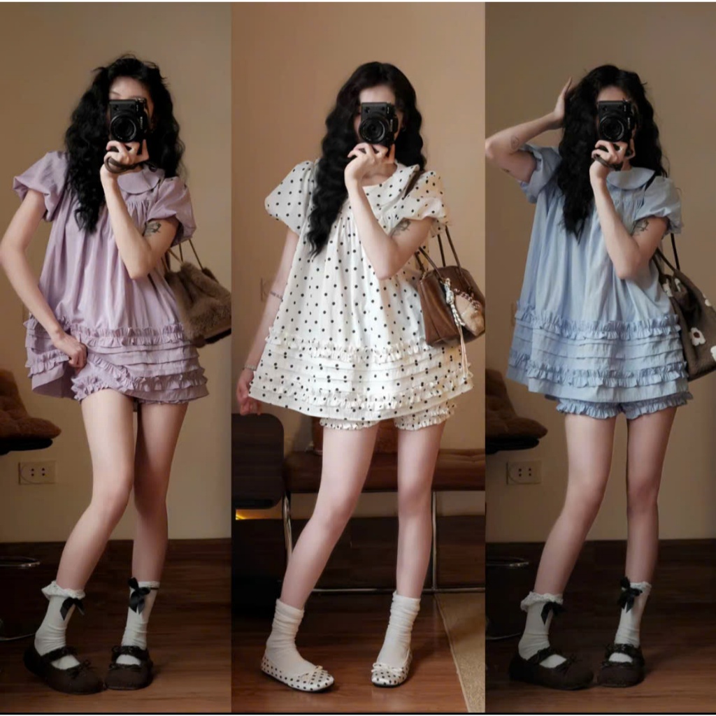Áo Váy Babydoll Cổ Sen 2 Lớp Form Rộng Gấu Viền Bèo Kèm Quần Bí Phồng Bo Chun Mặc Đi Chơi Đi Biển Siêu Xinh JOOLATE