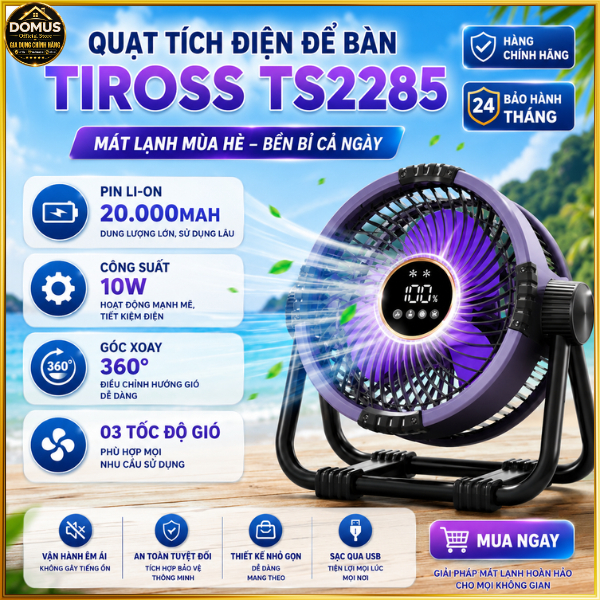 Quạt Tích Điện Tiross TS2285 Chính Hãng Có Điều Khiển Từ Xa Pin 20000mAh Quạt Để Bàn