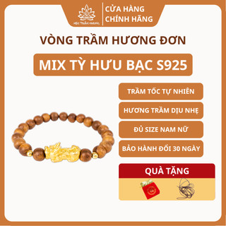 Vòng Tay Trầm Hương Tròn Đơn Trầm Tốc Việt Mix Tỳ Hưu Bạc S925 Nam Nữ - Mộc Trầm Hương MTH