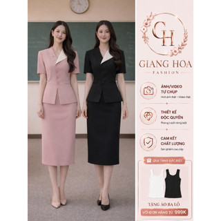 VT260312 - Set Vest Nữ Công Sở Cao Cấp Chân Váy Dài Phối Cổ Hàn Quốc – Đầm Suit Ôm Dáng Thanh Lịch Sang Trọng