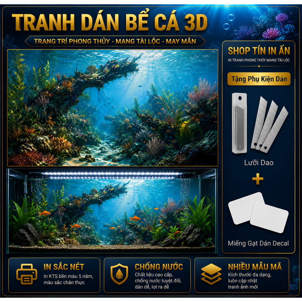 Decal tranh dán hồ cá 3D Kho In Ấn HC38 chống nước, In KTS dán dễ, gỡ dễ, có keo sẵn, nhiều kích cỡ